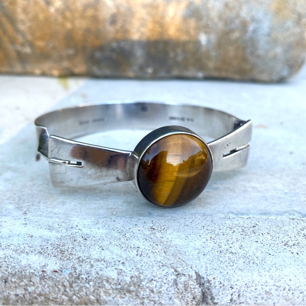 ISAAC COHEN OF SWEDEN Sterling silver bracelet cuff vintage 1960s tigers eye gem